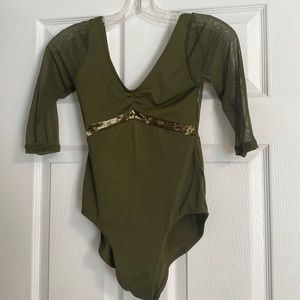 Class In olive green adult small leotard with sheer sleeves